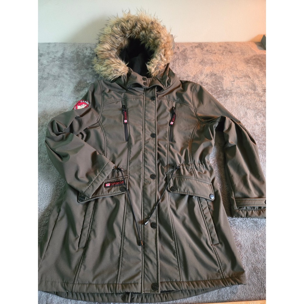 Canada Weather Gear Parka Women Large Olive Green Excellent Faux Fur Softshell